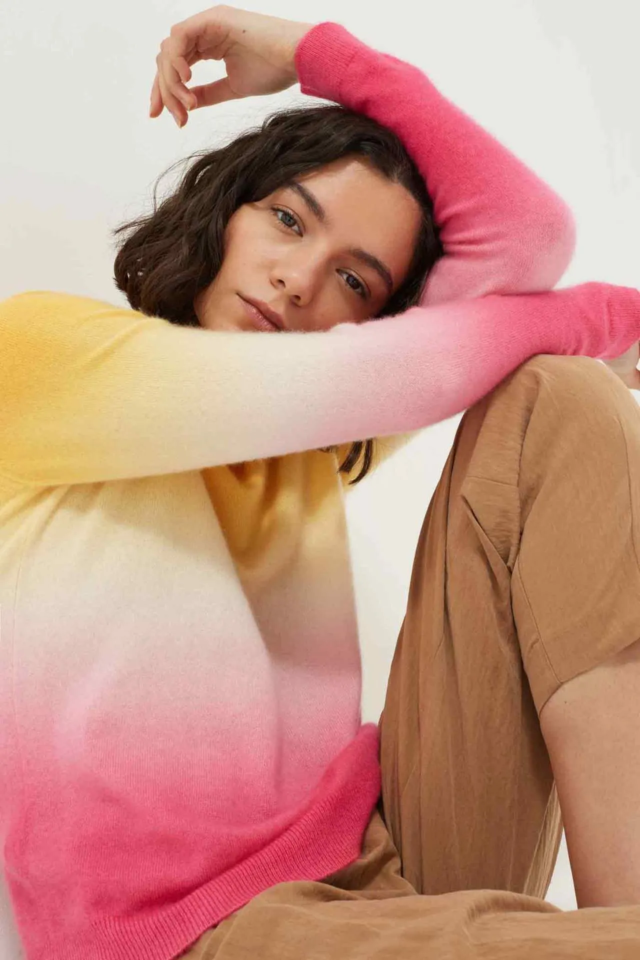 100% Cashmere Sweatshirt, Pink/Yellow