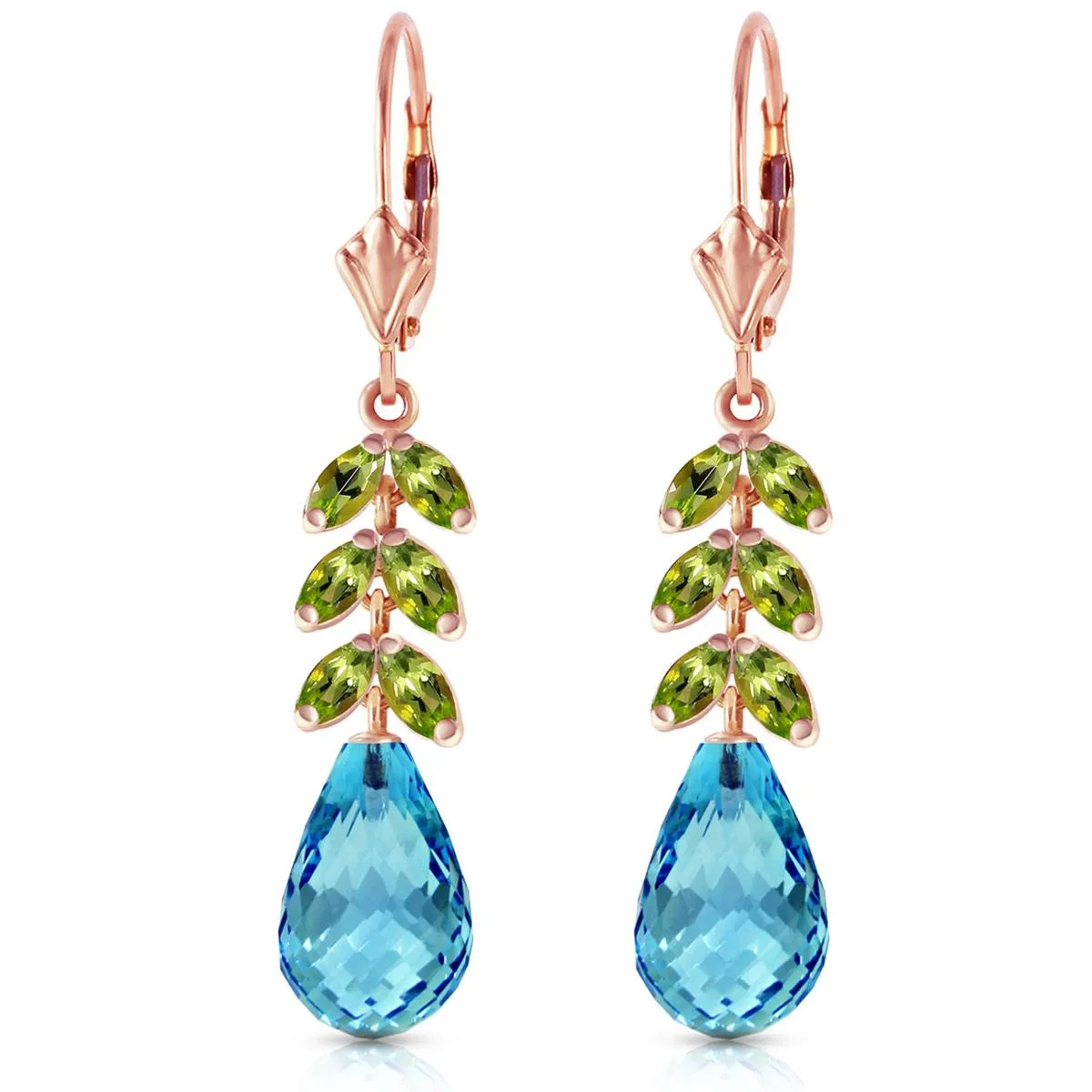 14K Solid Rose Gold Leverback Earrings Peridot & Blue Topaz