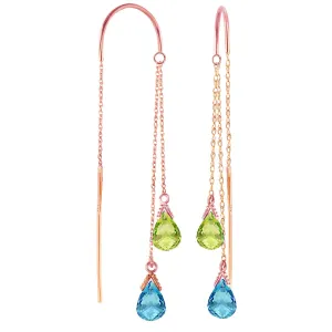 14K Solid Rose Gold Threaded Dangle Earrings w/ Blue Topaz & Peridots