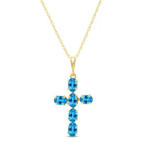 1.5 Carat 14K Solid Yellow Gold Cross Necklace Natural Blue Topaz