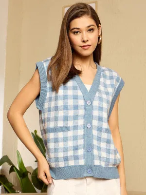 Berrylush Women Blue Checked V-Neck Sleeveless Front Open Knitted Regular Cardigan