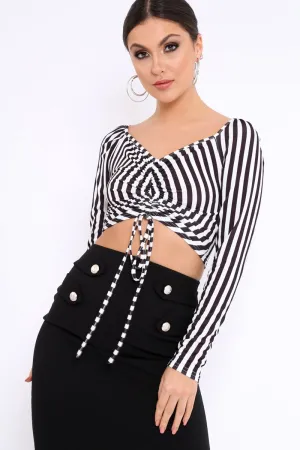 Black and White Striped Bardot Ruched Tie Top - Dakota