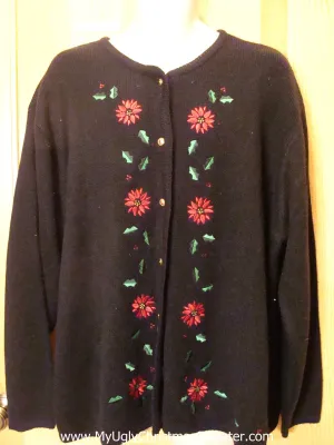 Black Funny Ugly Sweater with Poinsettias  XXXL