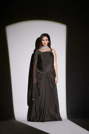 Black Pure Chinon Silk Draped Gown