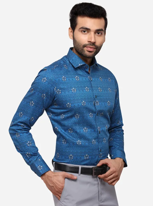 Blue & Grey Printed Slim Fit Party Wear Shirt | Wyre