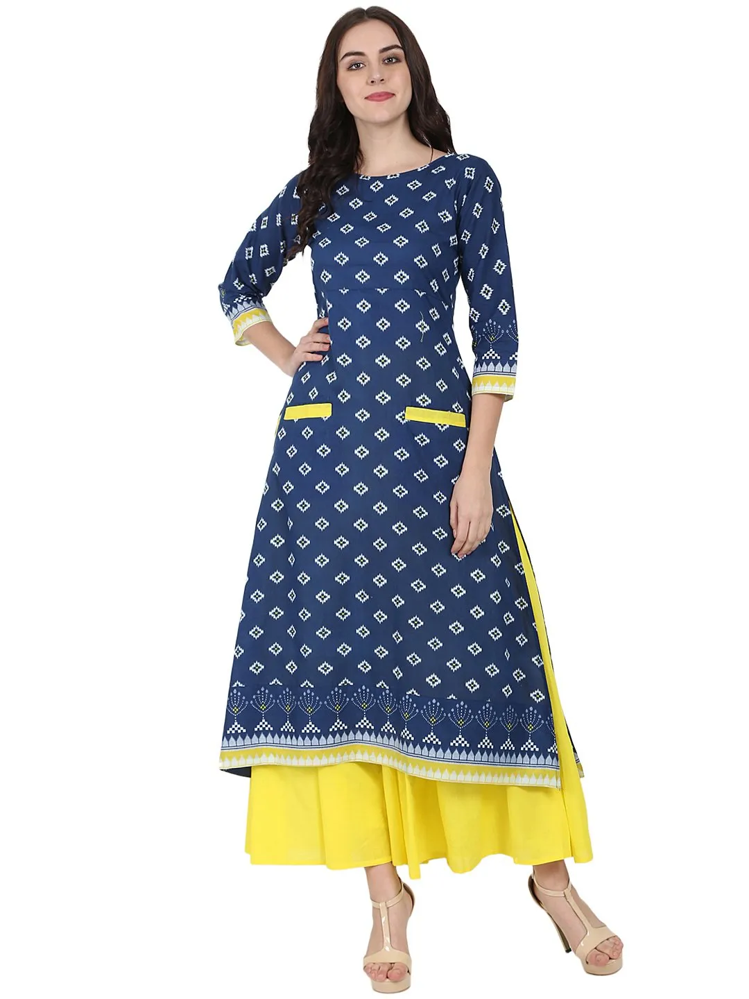 Blue Printed 3/4Th Sleeve Cotton Double Pocket Kurta With Yellow Flared Ankle Length Skirt