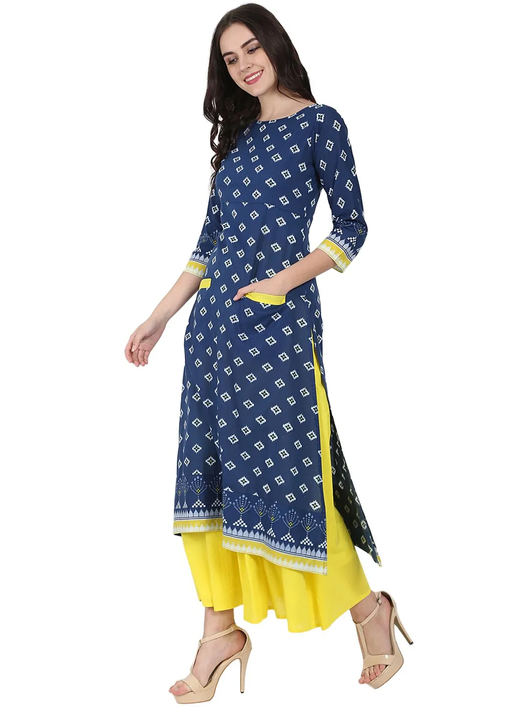 Blue Printed 3/4Th Sleeve Cotton Double Pocket Kurta With Yellow Flared Ankle Length Skirt