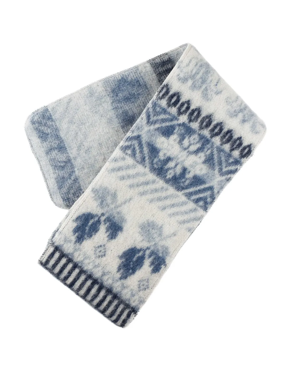 Brushed wool scarf 8-petalled rose pattern - White / Blue