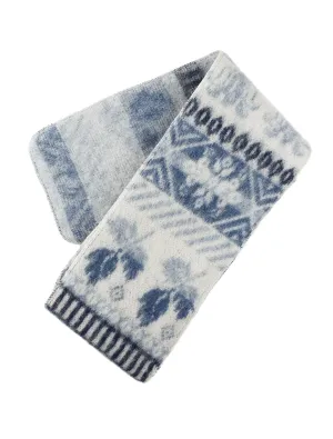 Brushed wool scarf 8-petalled rose pattern - White / Blue