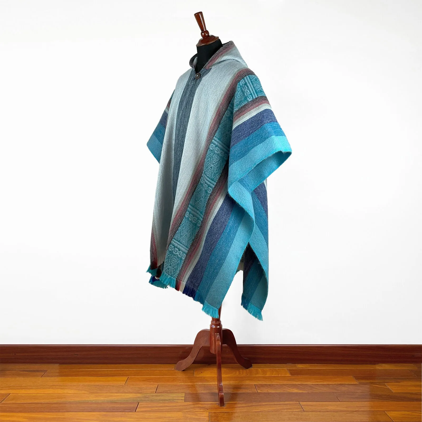 Chobshi - Lightweight Baby Alpaca Wool Hooded Poncho - Turquoise Blue - unisex