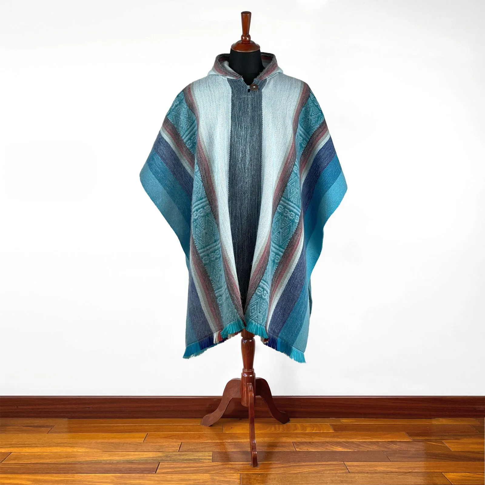 Chobshi - Lightweight Baby Alpaca Wool Hooded Poncho - Turquoise Blue - unisex