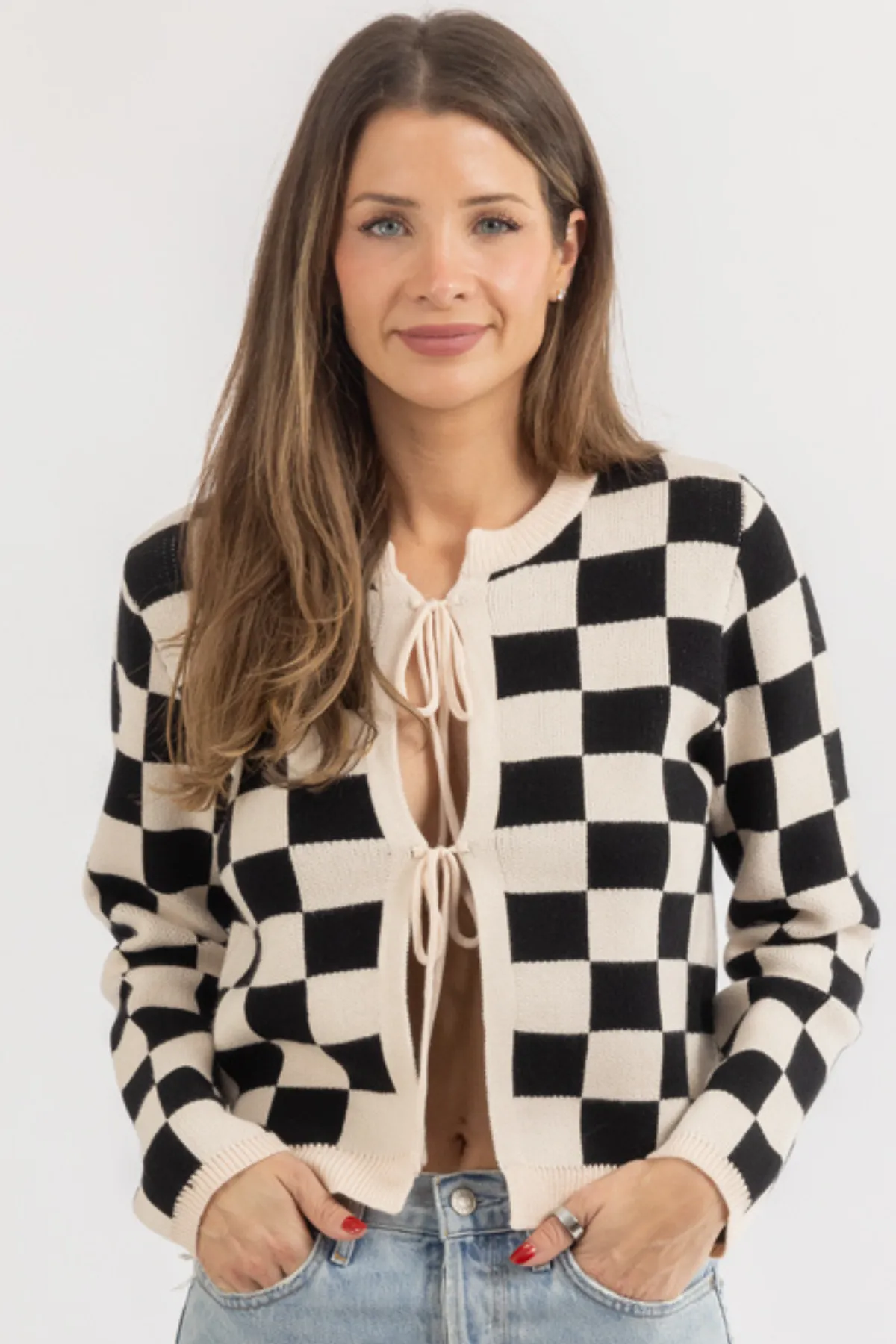 CLASSIC CHECKED TIE FRONT SWEATER