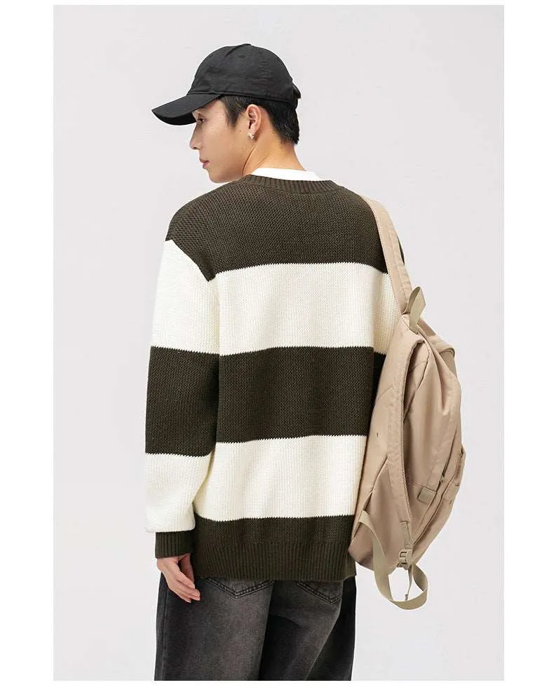 Couples Matching Loose Round Neck Striped Knitted Sweater