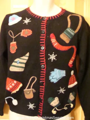 Funny Ugly Sweater with Winter Themed Clothes Mittens Hats