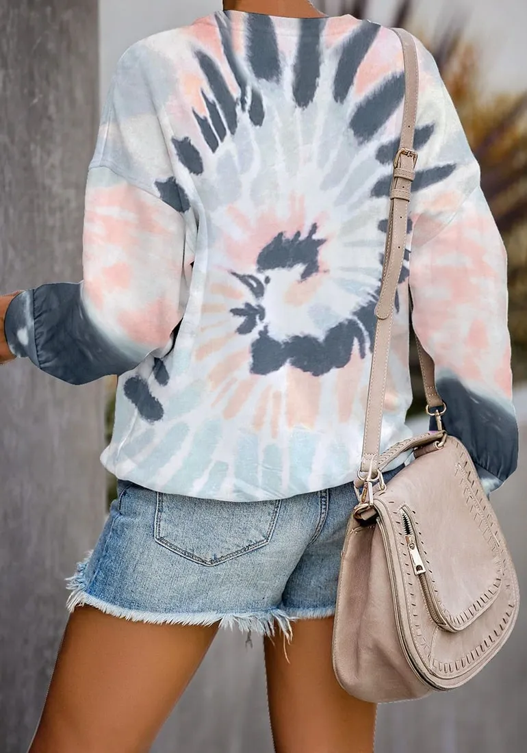 Gray Tie-Dye Crewneck Drop Shoulder Pullover Sweater