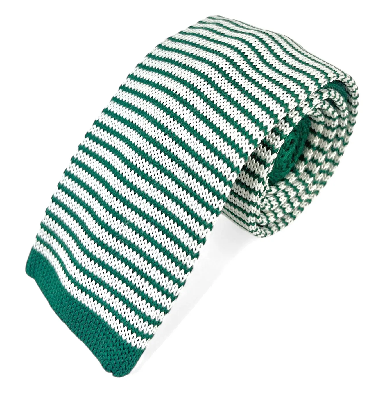 Green and White Striped Knit Tie by Paul Malone