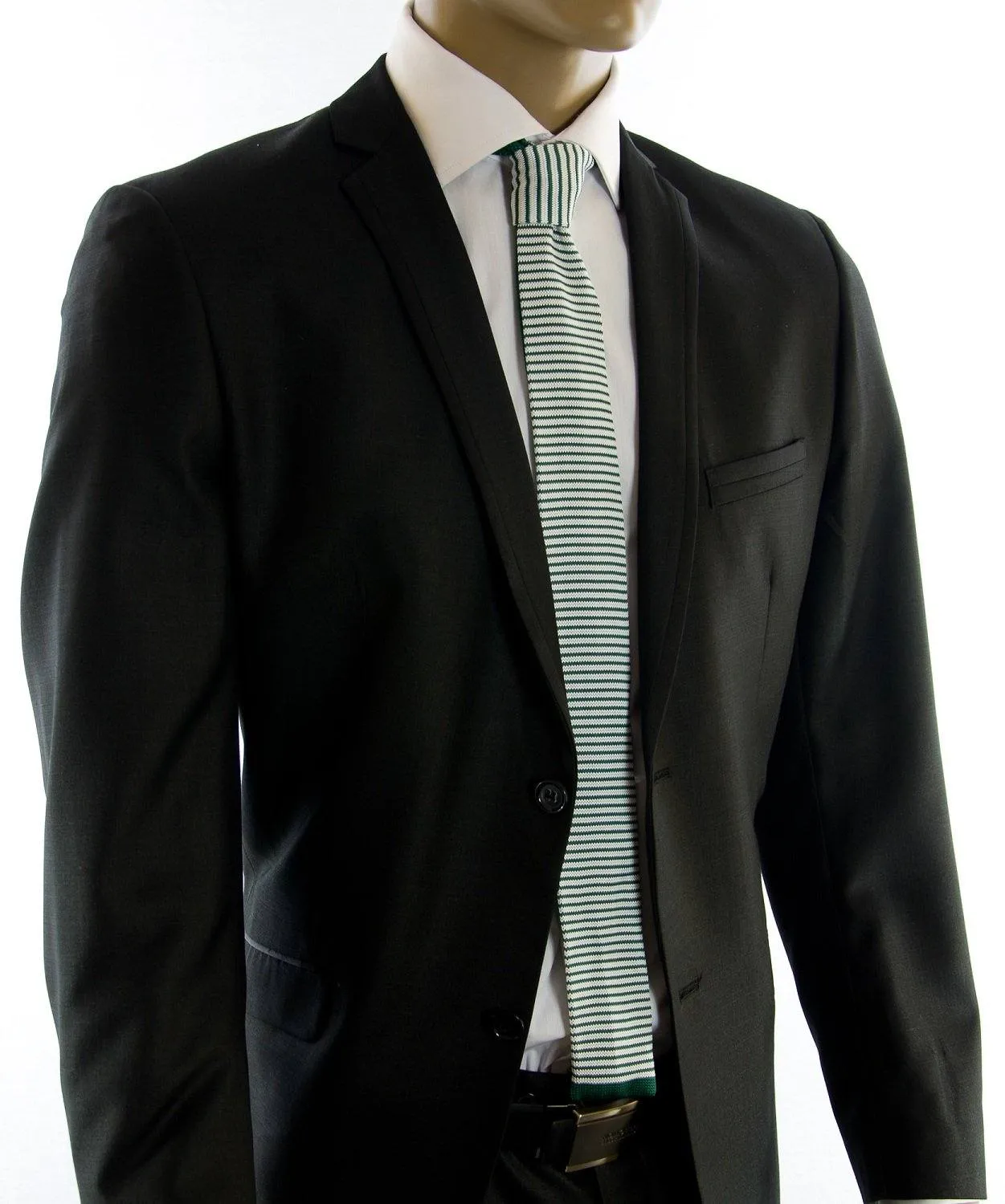 Green and White Striped Knit Tie by Paul Malone