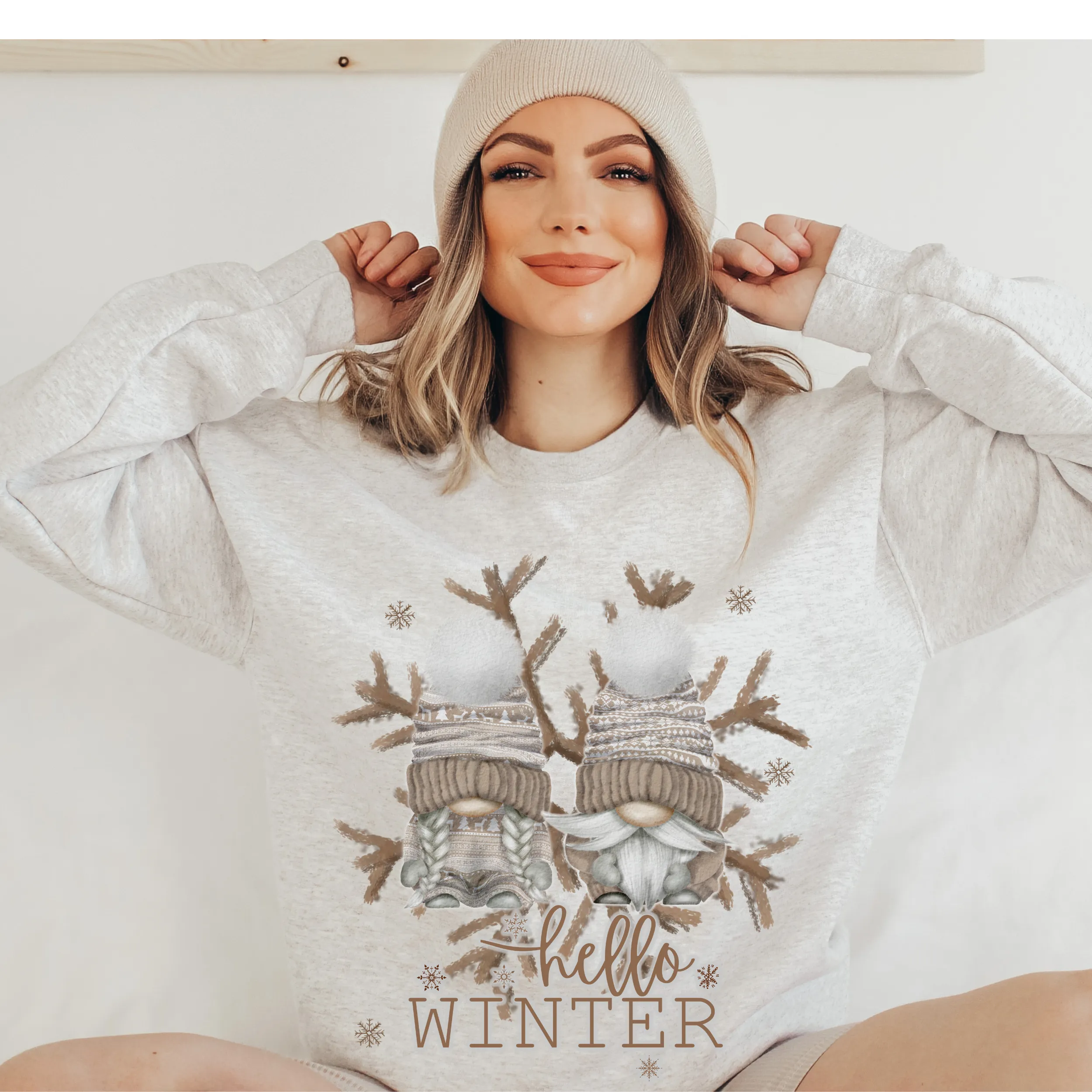 Hello Winter Gnomes Crewneck Sweatshirt Women's Unisex-Sized Christmas Pullover Watercolor Gnomes and Snowflakes Warm Cozy Winter Sh