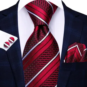 Hi-Tie Red Tie with White Stripes Pocket Square Cufflinks Set