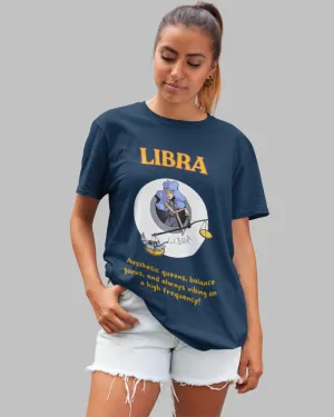 Libra Animated Zodiac Printed Oversized T-Shirt for Women - Navy