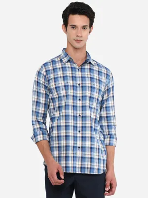 Light Blue & White Checked Slim Fit Semi Casual Shirt | JadeBlue