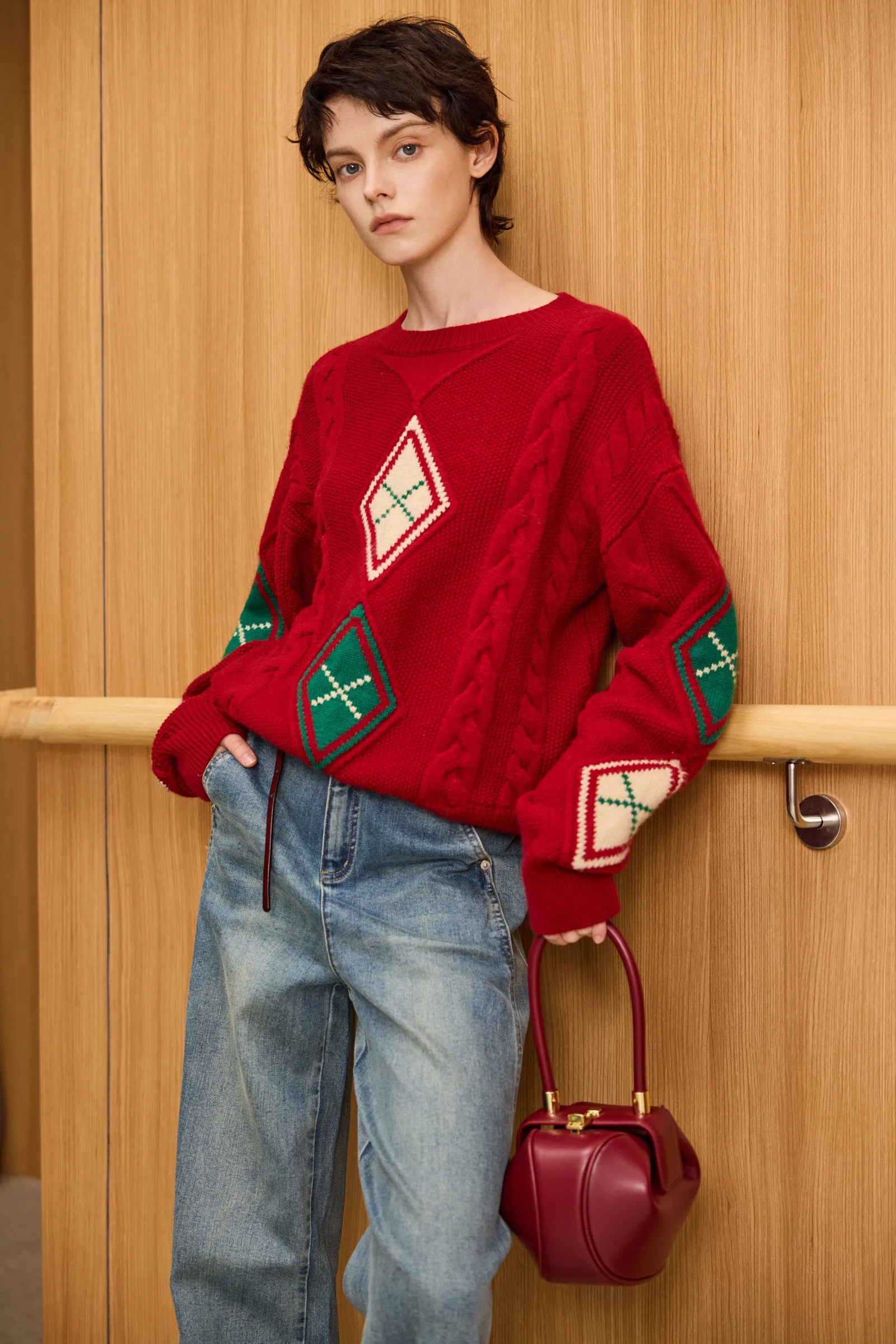 LILY Christmas Diamond Pattern Crewneck Sweater