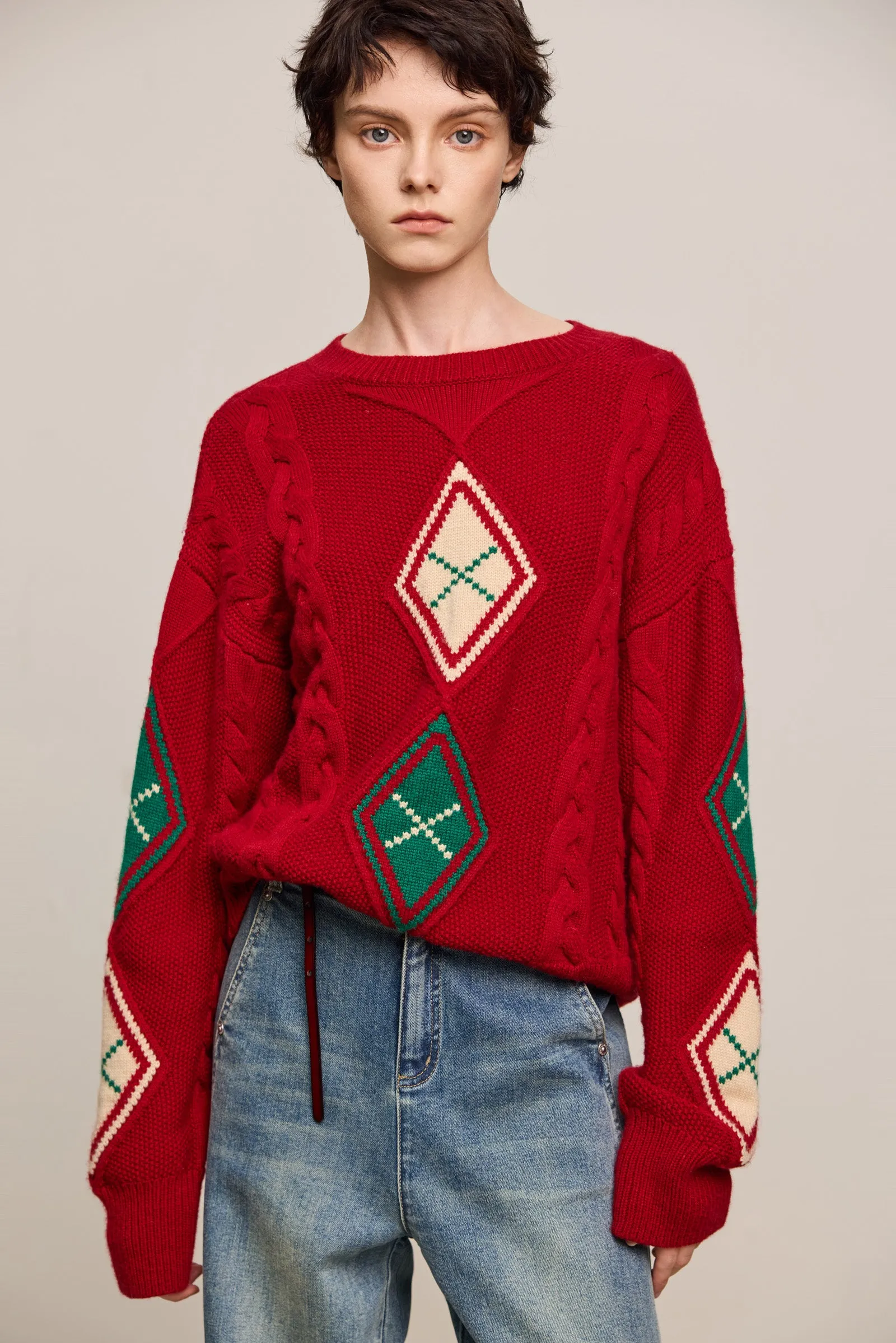 LILY Christmas Diamond Pattern Crewneck Sweater