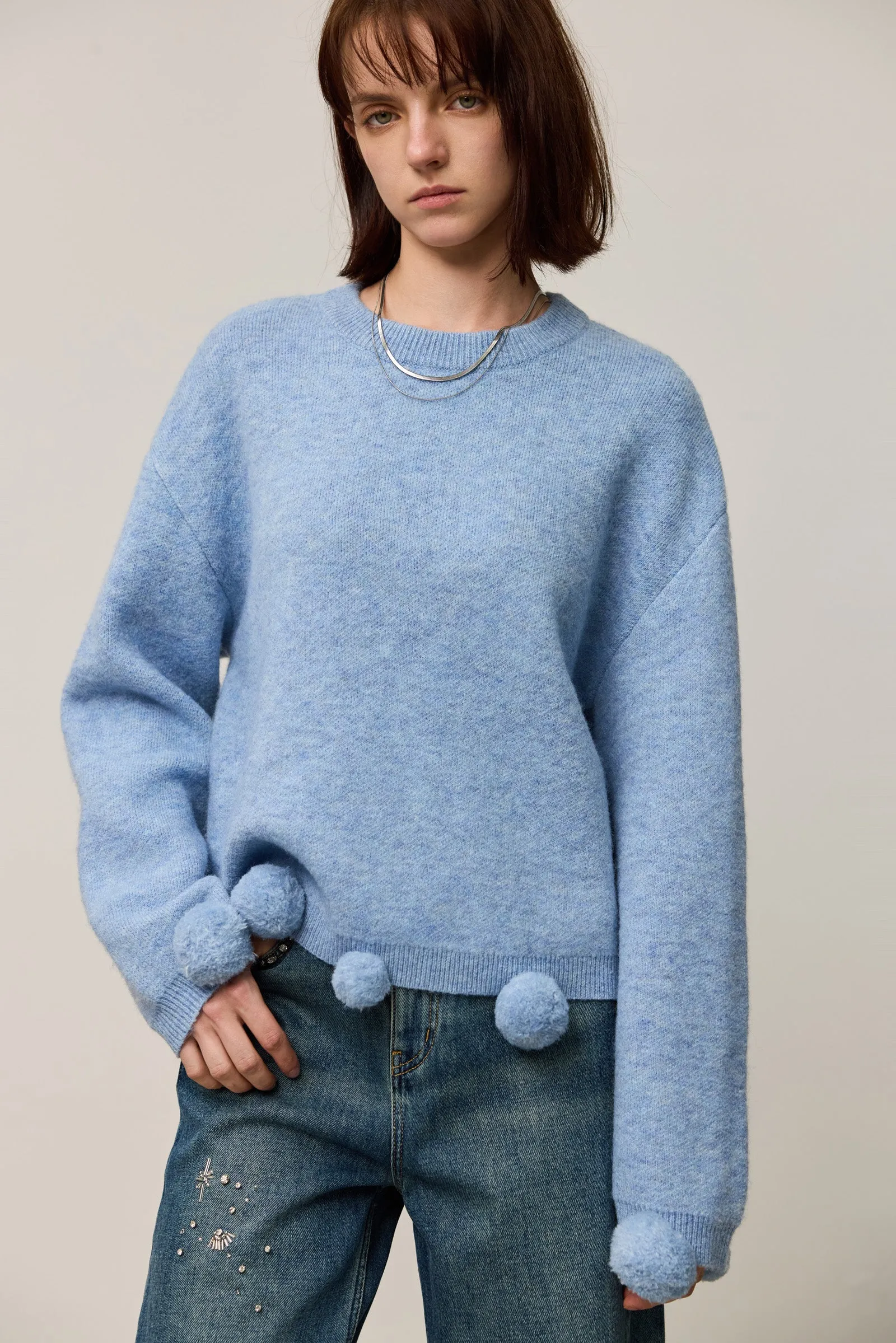 LILY Soft Drop Shoulder Pom-Pom Sweater