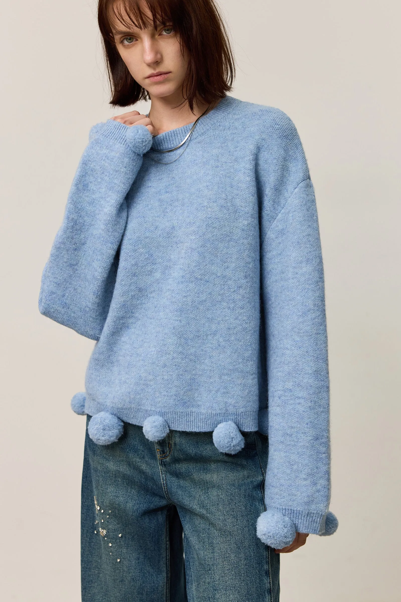 LILY Soft Drop Shoulder Pom-Pom Sweater