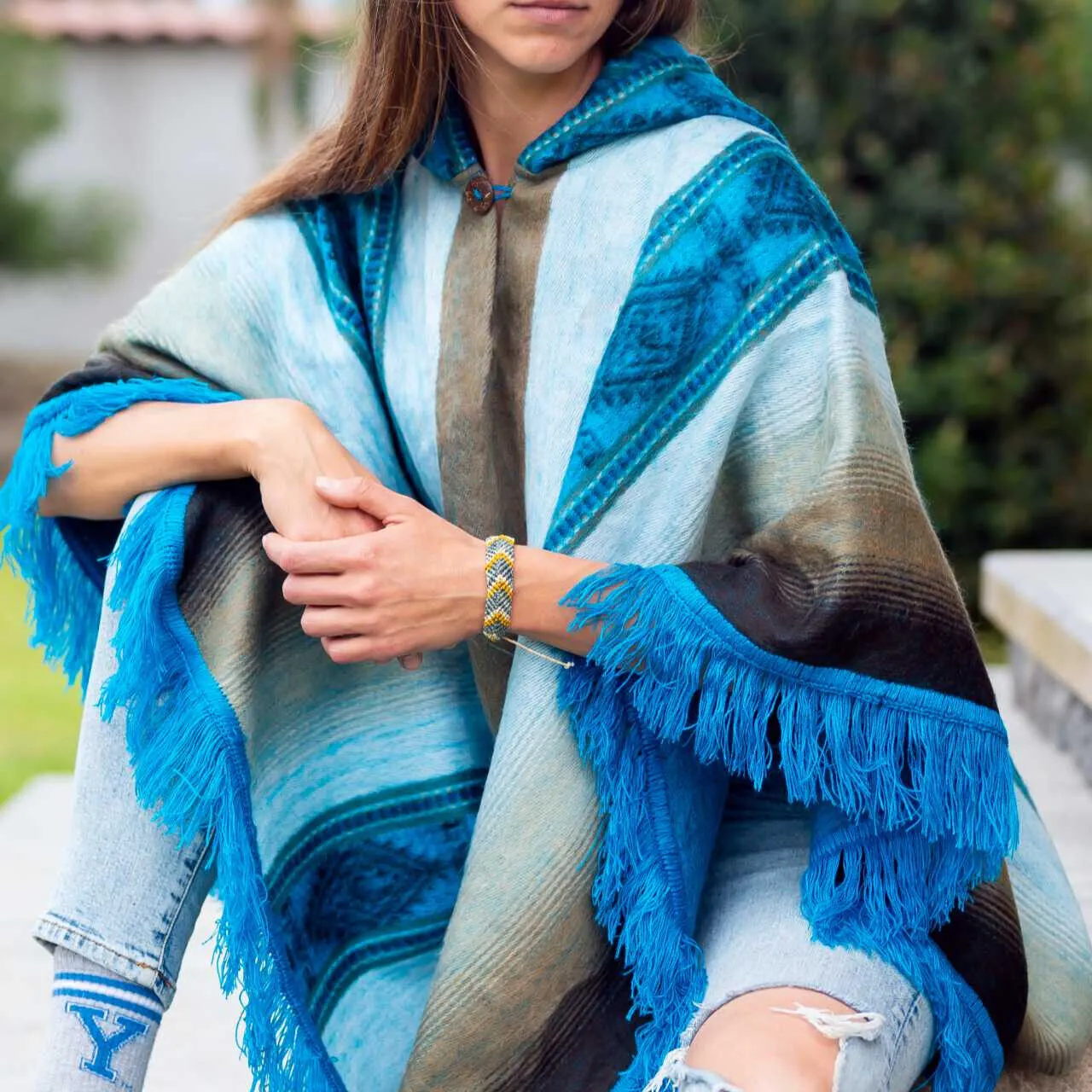 Lugulme - Lightweight Baby Alpaca Fringed Hooded Poncho - Beige/Turquoise/Blue - Unisex