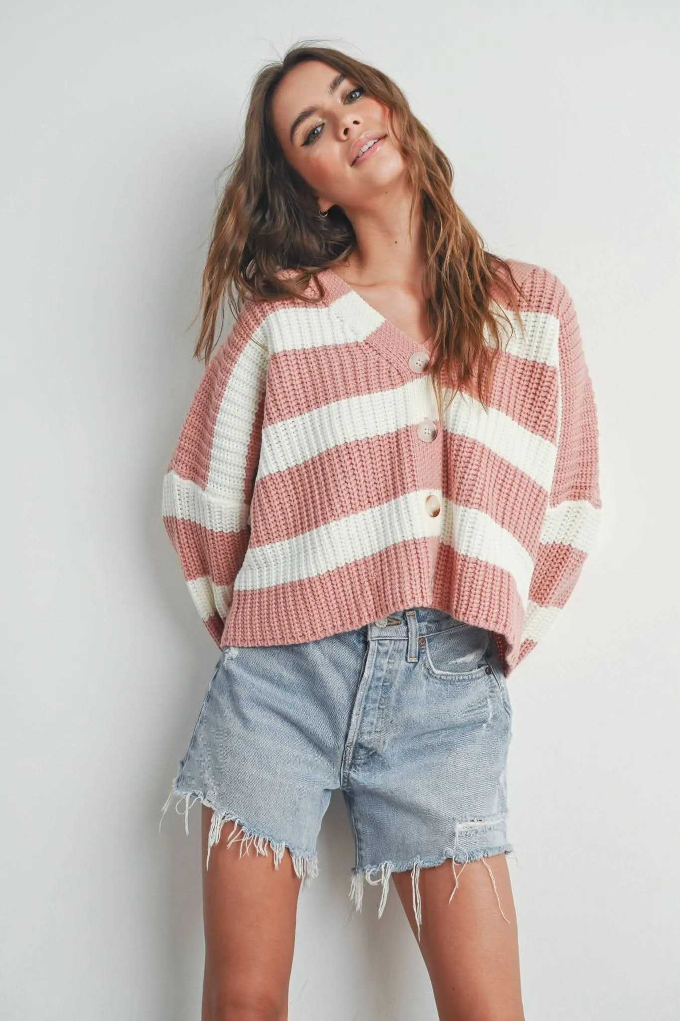 Mauve   White Striped V-Neck Cardigan with Buttons