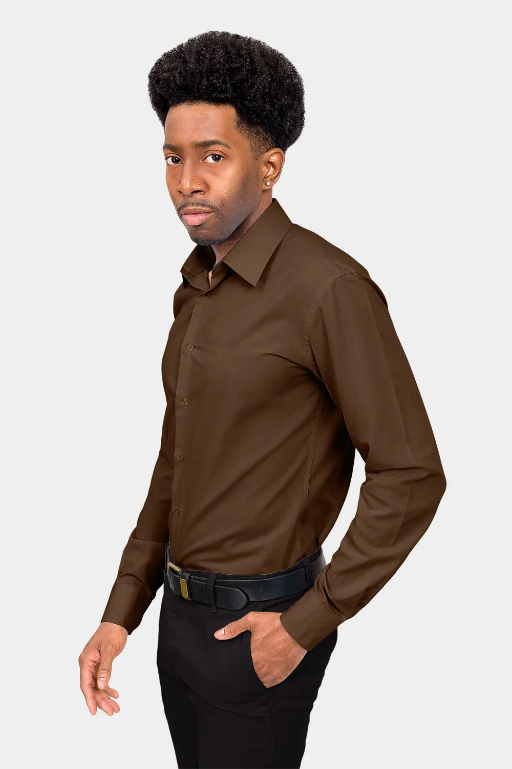 Men's Slim Fit Solid Color Dress Shirt (Brown)