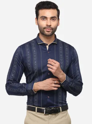 Navy Blue Printed Slim Fit Party Wear Shirt | JB Studio