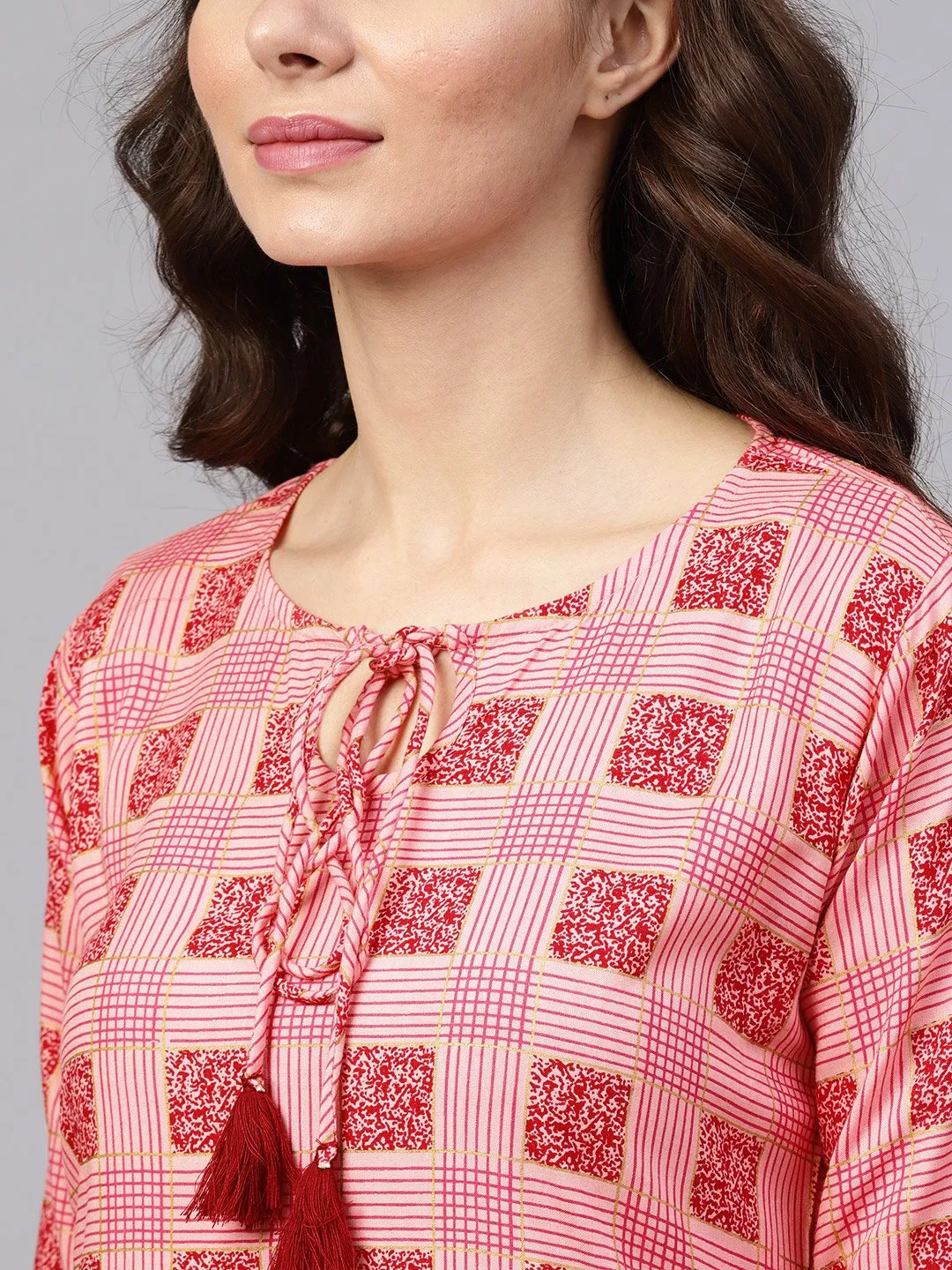 Peach 3/4Th Sleeve Printed Kurta Set With Sharara And Red Dupatta