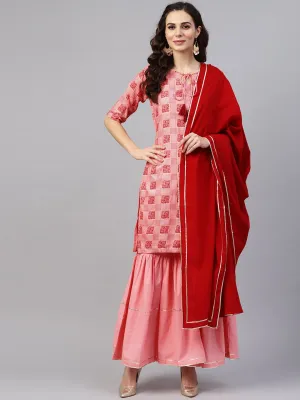 Peach 3/4Th Sleeve Printed Kurta Set With Sharara And Red Dupatta