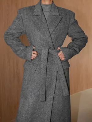 PEAKED LAPEL HERRINGBONE MAXI COAT