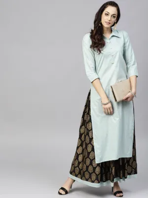 Powder Blue 3/4Th Sleeve Cotton Kurta With Black Printed Palazzo