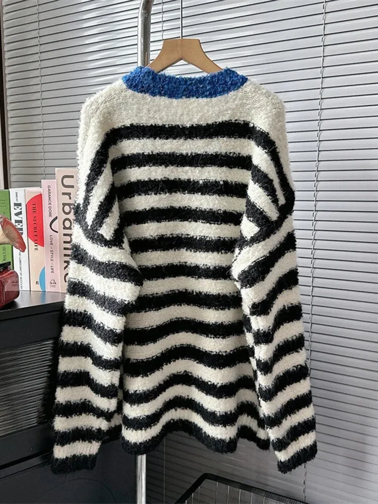 Pre Order:  Contrast Collar Striped Knit Sweater