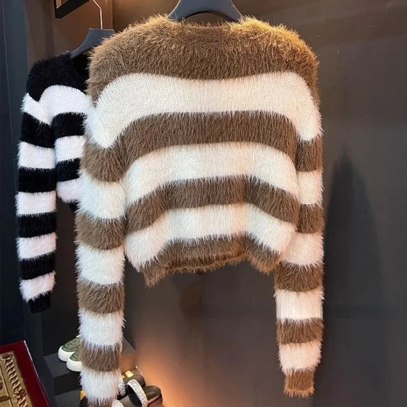 Pre Order:  Faux Fur Stripes Knit Cardigan