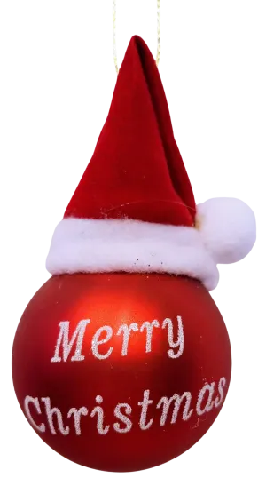 Red Glass Ornament with  Red Santa Hat- Merry Christmas-  2"