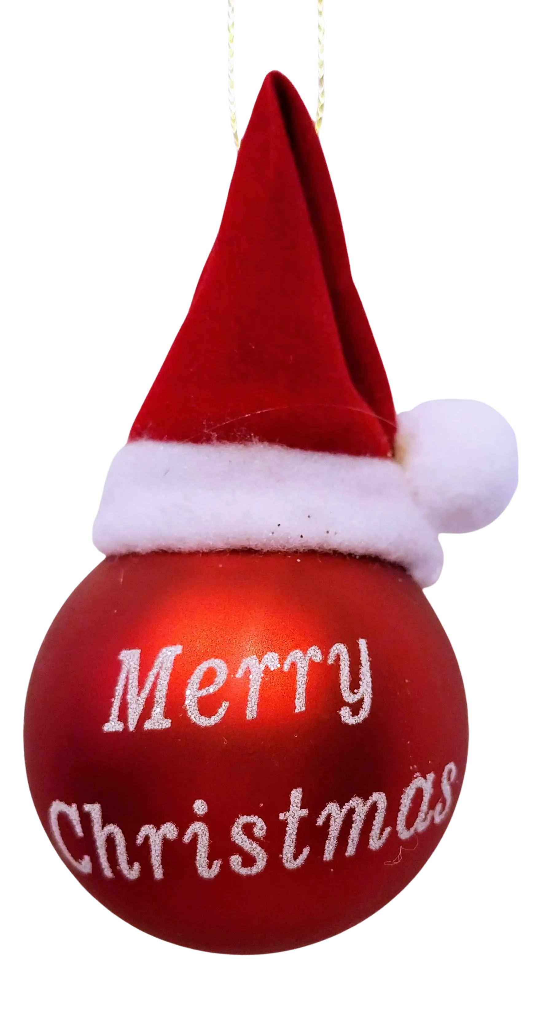 Red Glass Ornament with  Red Santa Hat- Merry Christmas-  2"