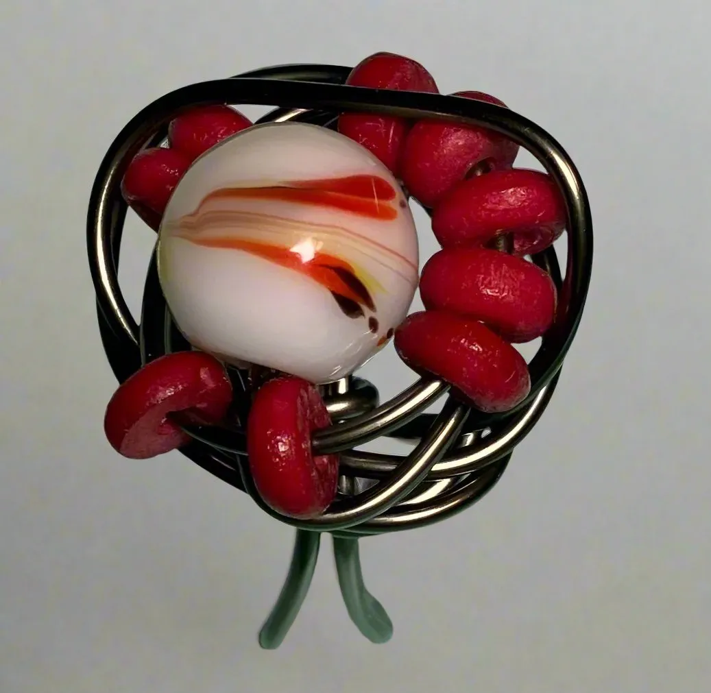 Red V Glass Bead with Red Wooden Beads Ring