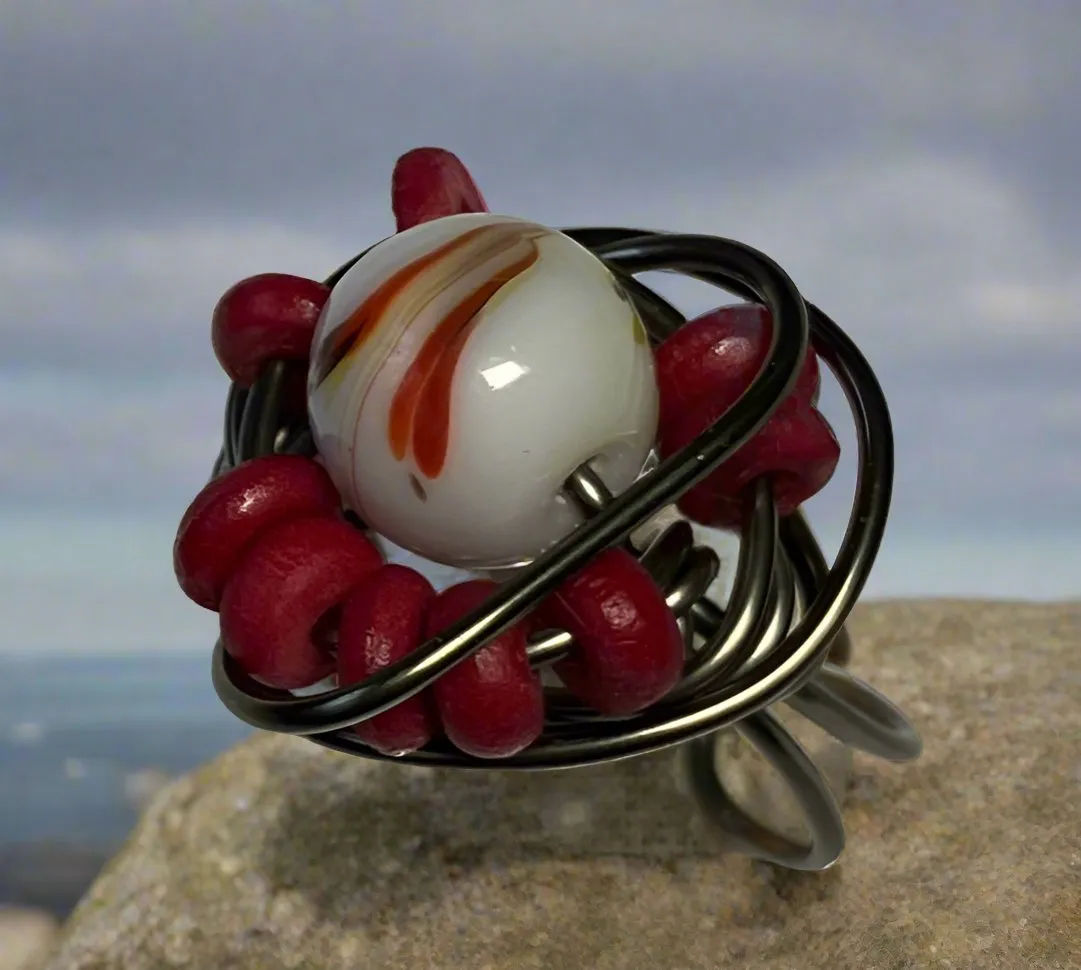 Red V Glass Bead with Red Wooden Beads Ring