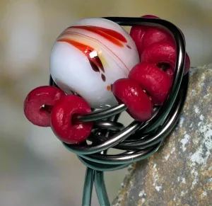 Red V Glass Bead with Red Wooden Beads Ring