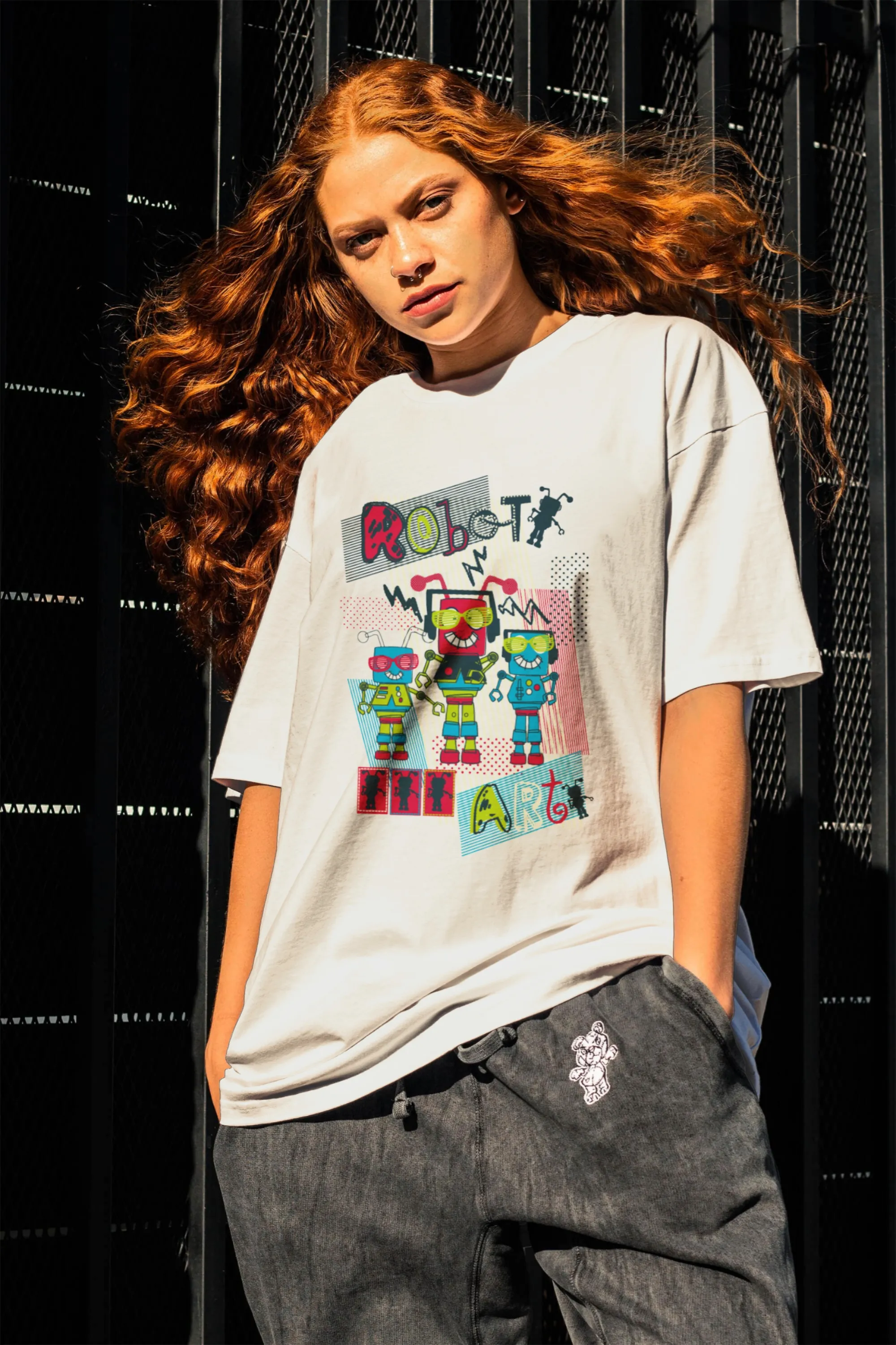 Robot Oversized DTF Printed T Shirt Women's