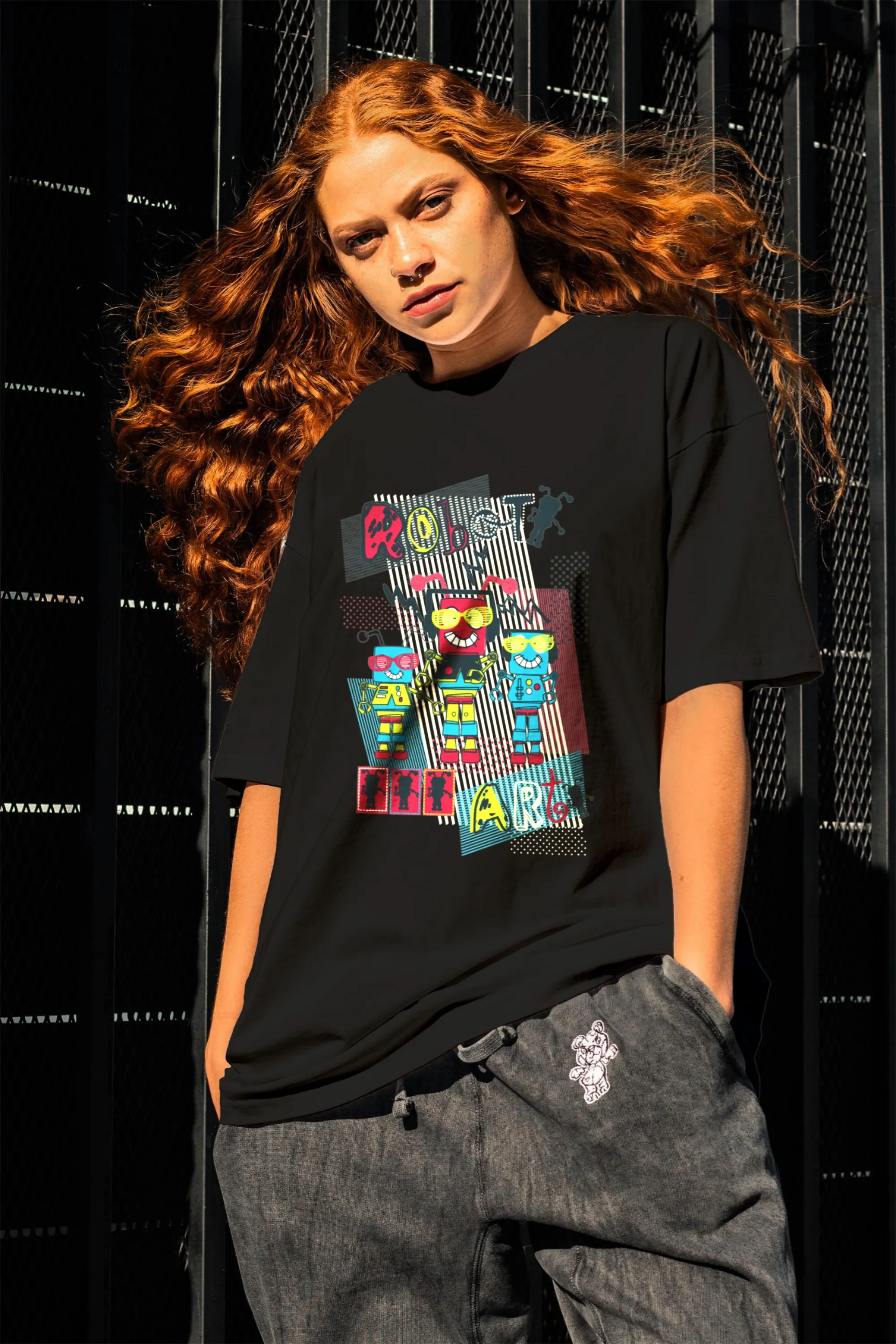 Robot Oversized DTF Printed T Shirt Women's