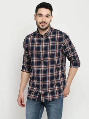 Spykar Navy Rust Cotton Full Sleeve Checkered Shirt For Men