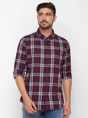 Spykar Plum Red Cotton Full Sleeve Checks Shirt For Men