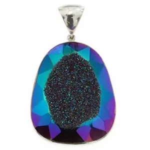 Starborn Creations Sterling Silver Faceted Quartz Window Drusy Pendant in Rainbow Titanium