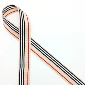 Stripes Ribbon in Tan, White, Red, and Black Woven in 7/8" Grosgrain Ribbon